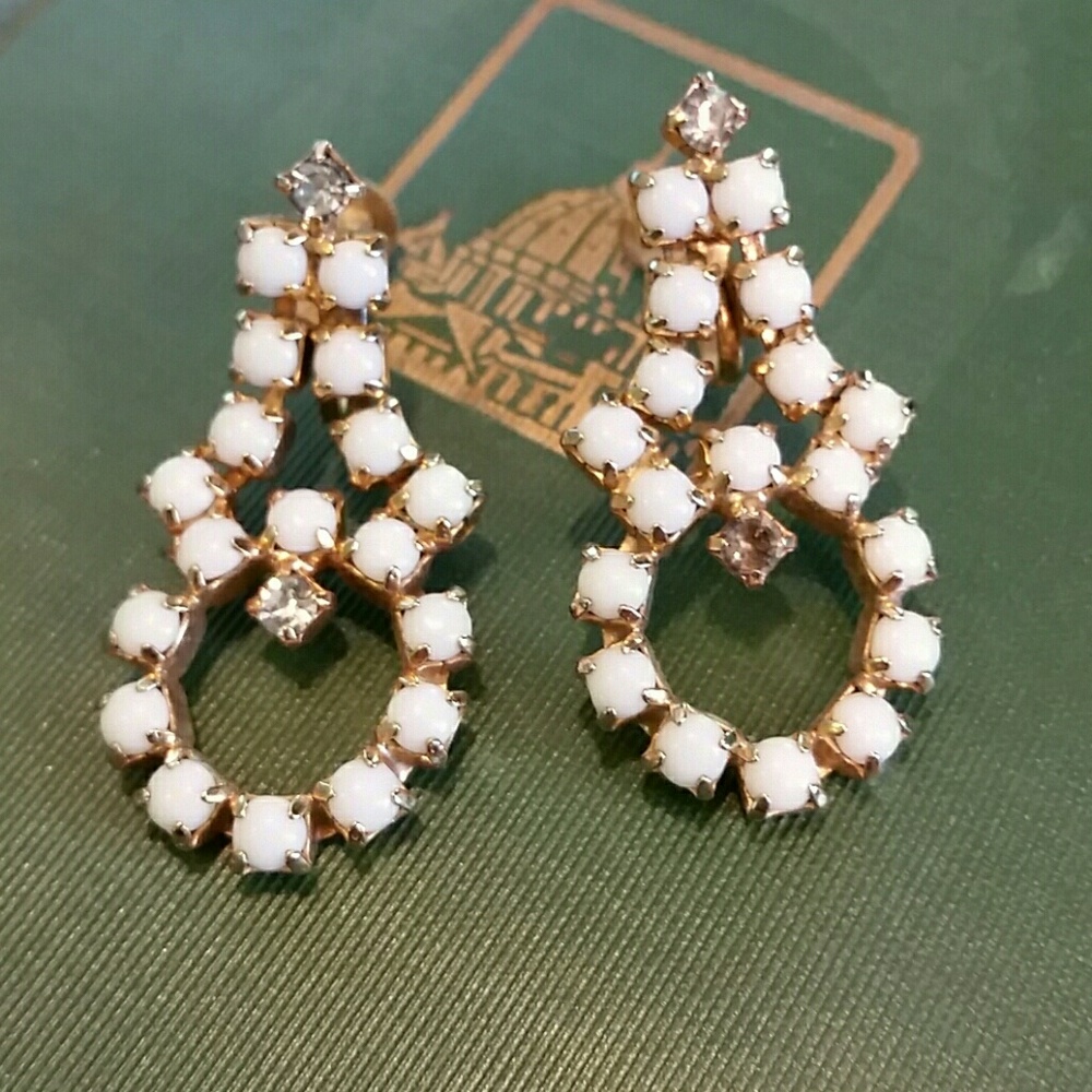 Vintage Milk glass & Rhinestone Earrings